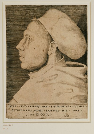 Martin Luther lääkärin lippalakki päässä. Kaiverrus ... (kaiverrus) tekijältä Lucas the Elder Cranach