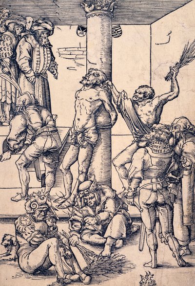 Kristuksen kärsimys: ruoskiminen, Lucas Cranach vanhin (1472-1553), puupiirros tekijältä Lucas the Elder Cranach