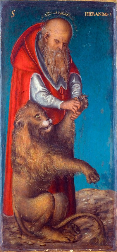 ""Saint Jerome"" Lucas Cranach vanhemman (1472-1553) maalaus - 1515 - Öljy puulle Koko 24,5x11,5 cm Taidehistoriallinen museo, Wien tekijältä Lucas the Elder Cranach