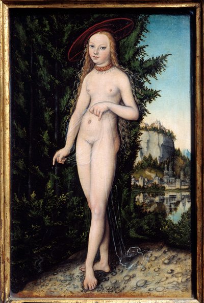 Venus seisomassa maisemassa Lucas Cranach vanhemman (1472-1553) maalaus 1529, öljy puulle, himm. 0,38x0,25 m - Venus seisoo maisemassa. Lucas Cranach vanhemman maalaus (1472-1553) tekijältä Lucas the Elder Cranach