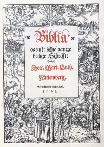 Nimilehti, jossa hieno kuvareunus teoksesta "Biblia, das ist: Koko pyhä kirjoitus: saksa", käännetty Martin Luther, 1560-1561 tekijältä Lucas the Younger Cranach