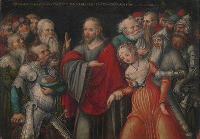 Kristus ja avionrikkojatar, n.1545-50 (öljy pyökille). tekijältä Lucas the Younger studio of Cranach