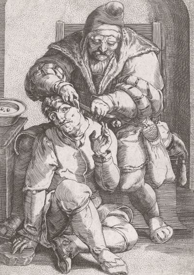 1600-luvun parturi, joka hoitaa potilaan korvaa. tekijältä Lucas van (after) Leyden