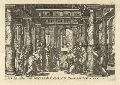 Christ en de overspelige vrouw Kolmetoista tyylikkäintä ja koristeellisinta Uuden testamentin ikonia temppelissä (sarjan nimi) tekijältä Lucas van Doetechum
