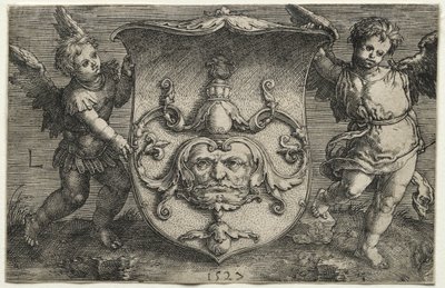 Kilpi, jossa on naamio, jota tukee Two Genii, 1527. tekijältä Lucas van Leyden