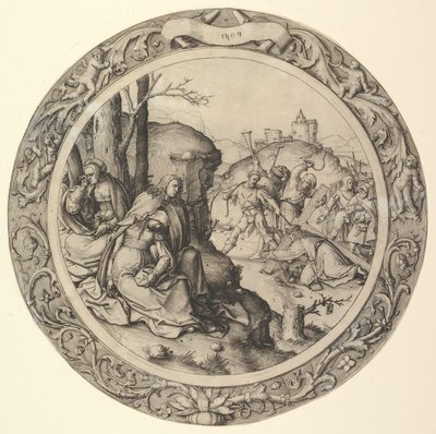 Kristus kantaa ristiä, pyöreästä kärsimyksestä, 1509. tekijältä Lucas van Leyden