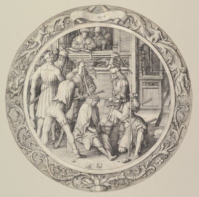 Orjantappuroilla kruunattu Kristus, kiertokirjeestä, 1509. tekijältä Lucas van Leyden