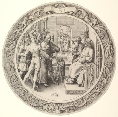 Kristus Hannaksen edessä, kiertokirjeestä, 1509. tekijältä Lucas van Leyden