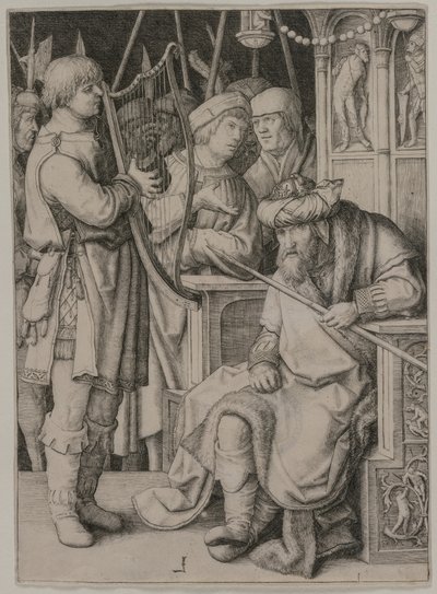 Daavid soittamassa harppua Saulin edessä, n. 1508. tekijältä Lucas van Leyden