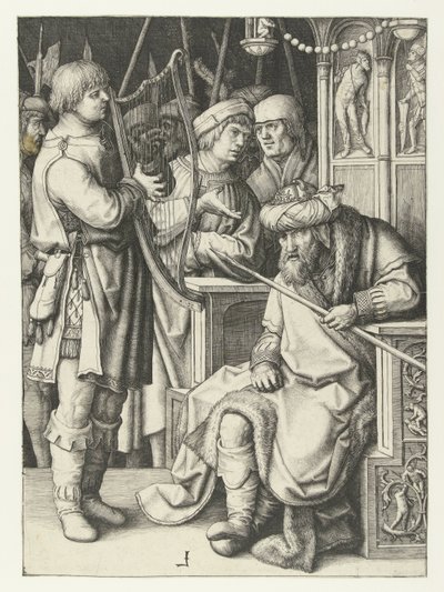 Daavid soittaa harppua Saulille tekijältä Lucas van Leyden
