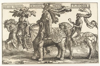 Sankarit Troijan Hector, Aleksanteri Suuri ja Julius Caesar The Nine Heroes (sarjan nimi) tekijältä Lucas van Leyden