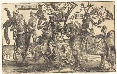 Sankarit Kuningas Arthur, Charlemagne ja Godfrey of Bouillon The Nine Heroes (sarjan nimi) tekijältä Lucas van Leyden
