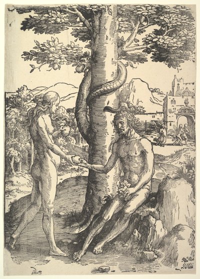 Ihmisen lankeemus, Aadam ja Eeva, n. 1514. tekijältä Lucas van Leyden