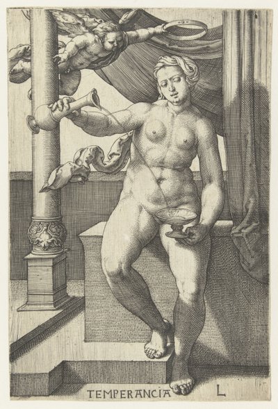 raittiutta Temperancia (otsikko esineessä) Seitsemän hyvettä (sarjan nimi) tekijältä Lucas van Leyden