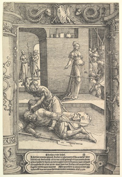 Jael Killing Sisera, koristekehys, n. 1517. tekijältä Lucas van Leyden