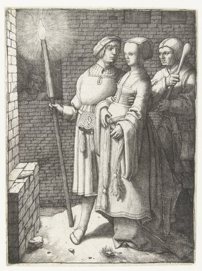 Nuori mies taskulamppu, nainen ja nar tekijältä Lucas van Leyden
