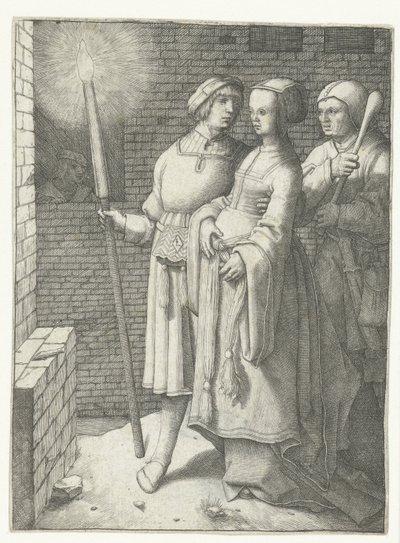 Nuori mies taskulamppu, nainen ja nar tekijältä Lucas van Leyden