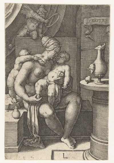 Rakkaus Caritas (otsikko esineessä) Seitsemän hyvettä (sarjan nimi) tekijältä Lucas van Leyden
