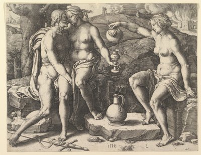 Loot ja hänen tyttärensä, 1530. tekijältä Lucas van Leyden