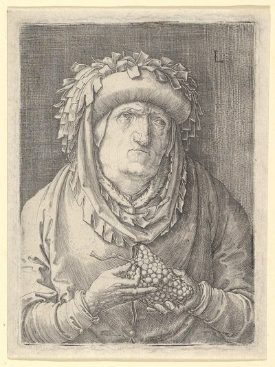 Vanha nainen viinirypäleillä, n. 1523. tekijältä Lucas van Leyden