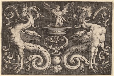 Ornamentti, jossa on kaksi sfinksiä ja siivekäs mies tekijältä Lucas van Leyden