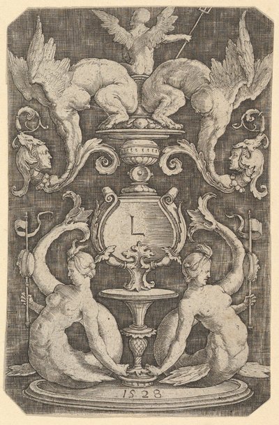 Ornamenttipaneeli kahdella sireenillä, 1528. tekijältä Lucas van Leyden