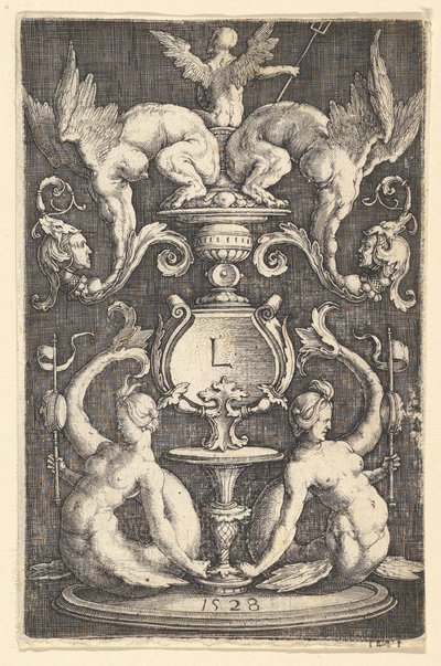 Ornamenttipaneeli kahdella sireenillä, 1528. tekijältä Lucas van Leyden