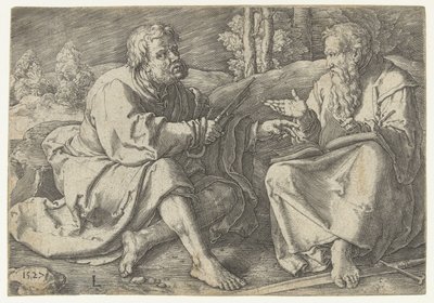 Paavali ja Peter istuvat maisemassa tekijältä Lucas van Leyden