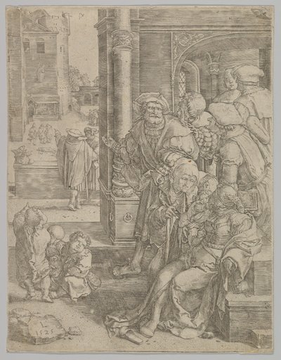 Runoilija Vergilius ripustettu koriin, 1525. tekijältä Lucas van Leyden