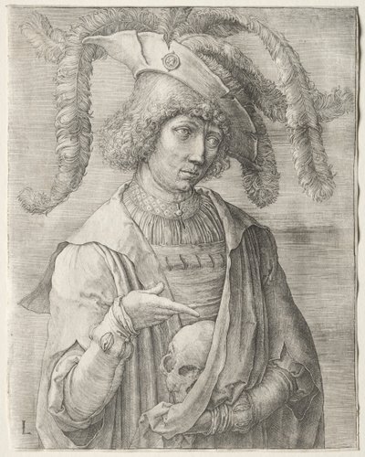 Muotokuva nuoresta miehestä, jolla on pääkallo, n. 1519. tekijältä Lucas van Leyden