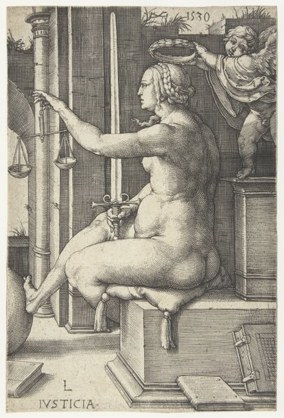 Oikeudenmukaisuus Iusticia (otsikko esineessä) Seitsemän hyvettä (sarjan nimi) tekijältä Lucas van Leyden