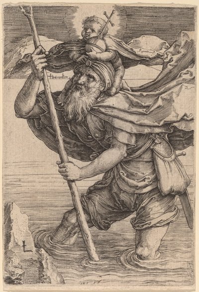 Pyhä Christopher kantoi vauva-Kristusta tekijältä Lucas van Leyden
