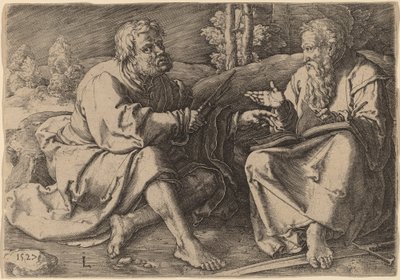 Pyhät Pietari ja Paavali istuvat maisemassa tekijältä Lucas van Leyden