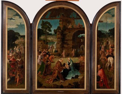 Taikaiden triptyykin palvonta, n. 1510 tekijältä Lucas van Leyden