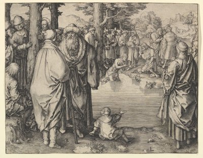Kristuksen kaste Jordanjoessa, n. 1510. tekijältä Lucas van Leyden