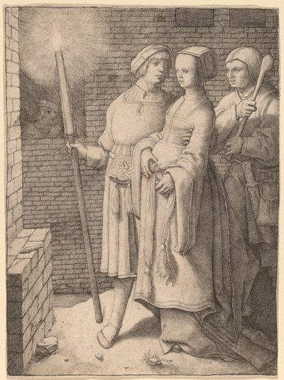 Mies, jolla on soihtu ja nainen, jota seuraa hölmö tekijältä Lucas van Leyden