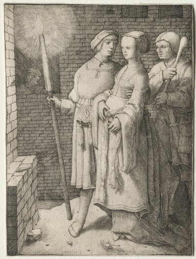 Mies, jolla on soihtu ja nainen, jota seuraa hölmö tekijältä Lucas van Leyden