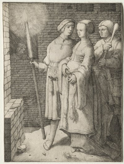 Mies soihtulla ja nainen, jota seurasi typerys, n. 1508. tekijältä Lucas van Leyden