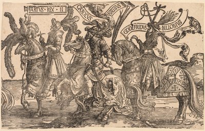 Yhdeksän sankaria: Arthur, Kaarle Suuri (Charlemagne), Godfrey of Bouillon tekijältä Lucas van Leyden