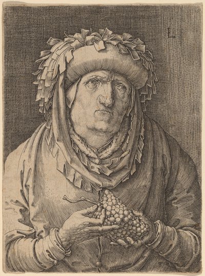 Vanha nainen viinirypäleillä tekijältä Lucas van Leyden