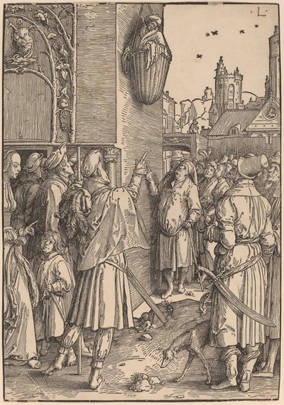 Runoilija Vergilius ripustettuna koriin tekijältä Lucas van Leyden