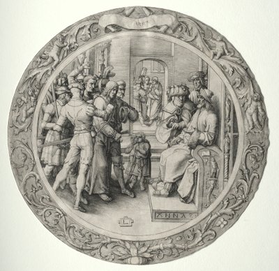 Pyöreä kärsimys: Kristus ylipapin edessä, 1509. tekijältä Lucas van Leyden