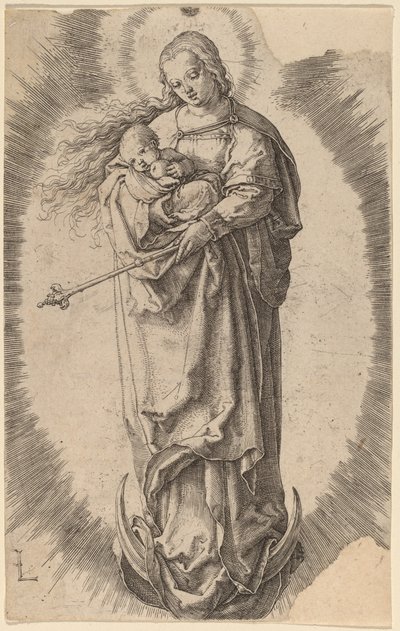 La Mare de Déu i el Nen a la Lluna Mitjana tekijältä Lucas van Leyden