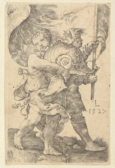 Kaksi poikaa kypärällä ja standardi, 1527. tekijältä Lucas van Leyden