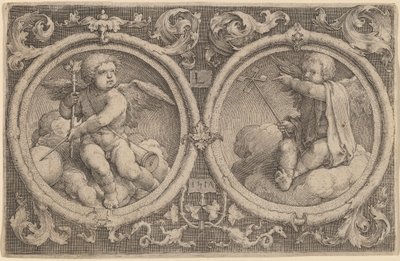 Kaksi Cupidoa istuu pilvien päällä kahdessa ympyrässä tekijältä Lucas van Leyden