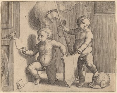Kaksi alastomaa lasta tukemassa tyhjää kilpeä tekijältä Lucas van Leyden