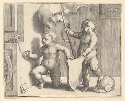 Kaksi alaston lasta tukemassa tyhjää kilpiä, n. 1510. tekijältä Lucas van Leyden