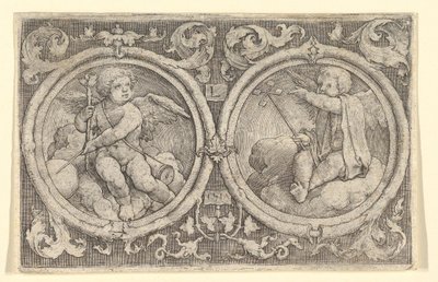 Kaksi puttia istuu pilvissä ympyröissä jänteineen, 1517. tekijältä Lucas van Leyden