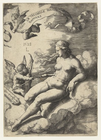 Venus ja Cupid Venus la tresbelle deese damours (nimi esineessä) tekijältä Lucas van Leyden
