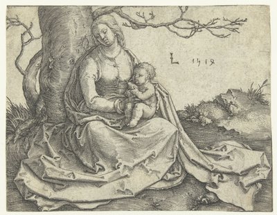 Neitsyt ja lapsi istuvat puun alla tekijältä Lucas van Leyden